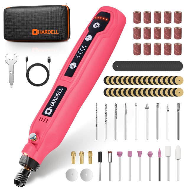 HARDELL Mini Cordless Rotary Tool, 5-Speed 3.7V Rechargeable Rotary Tool Kit with 69 Accessories, USB Charging Multi-Purpose DIY Tool for Sanding, Polishing, Drilling, Engraving(Pink 69pcs)
