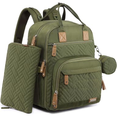 iniuniu Diaper Bag Backpack, 4 in 1 kit Large Unisex Baby Bags for Boys Girls, Waterproof Travel Back Pack with Diaper Pouch, Washable Changing Pad, Pacifier Case and Stroller Straps, Army Green