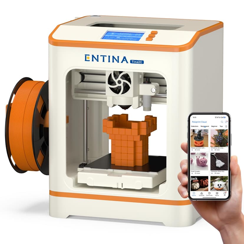 Entina Mini 3D Printer Tina2C for Kids and Beginners, Fully Assembled Start in 8 Mins, APP & WiFi Control, 1500+ Huge Library, 20+ Create DIY Module, Auto Leveling and High Precision for Home & STEM