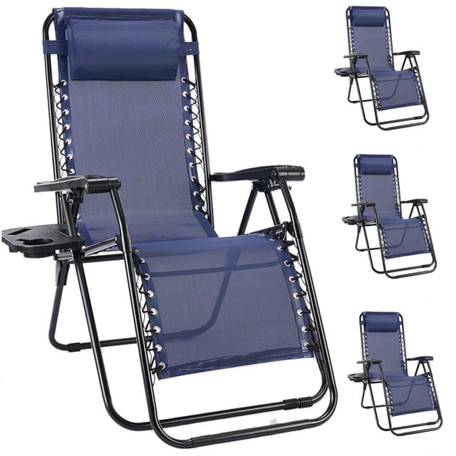NEWBULIG Zero Gravity Chair Set of 4, Lounge Chair Folding Portable Adjustable Camping Reclining Chairs with Adjustable Pollow, Mesh Back, Cup Holder Trays Lawn Patio Chair for Pool Beach - Blue