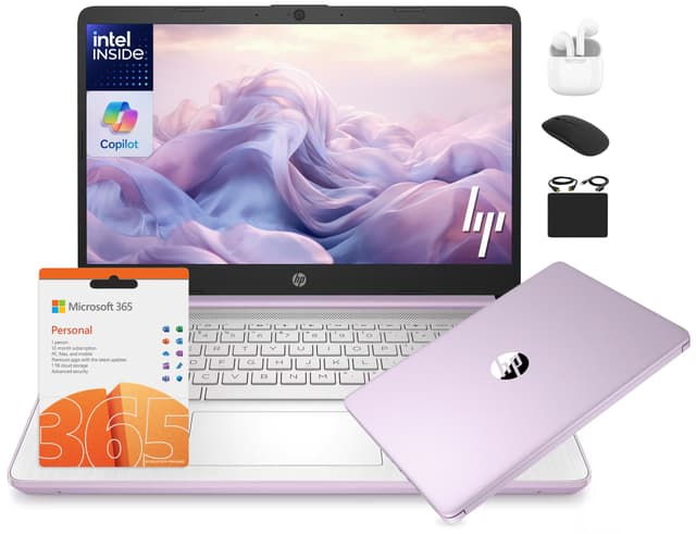 HP 14 Laptop Student Business 2025 Flagship Computer, AI Copilot, 4-Core 13th Gen Intel CPU, 16GB RAM 628GB Storage (128GB UFS+500GB Ext) 1-Yr Office 365 Long Battery HubxcelAccessory Win 11S Lavender