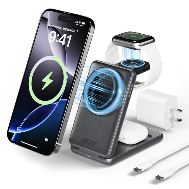 Acer 3 in 1 Charging Station for iPhone, Wireless Charger Stand,15W Fast MagSafe Charger for iPhone 17 16 15 14 13 12 Series-Apple Watch 10 9 8 7 6 5 4 3 2 SE and Ultra Series-Airpods 4 3 2 Pro Series