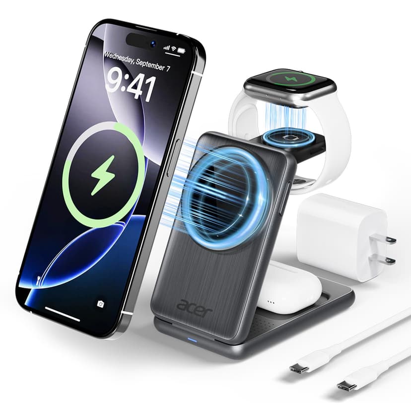 Acer 3 in 1 Charging Station for iPhone, Wireless Charger Stand,15W Fast MagSafe Charger for iPhone 17 16 15 14 13 12 Series-Apple Watch 10 9 8 7 6 5 4 3 2 SE and Ultra Series-Airpods 4 3 2 Pro Series