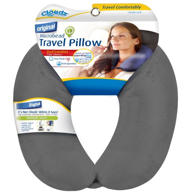 Cloudz Dual Comfort Microbead Airplane Travel Neck Pillow. Super Soft Cozy Plush Fabric on One Side, Cool Relaxing Spandex on The Other! Customize Your Comfort and Support at Home or On The Go! Grey