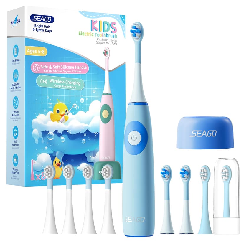 SEAGO Kids Electric Toothbrushes for Ages 5-8 with 2 Sizes Soft Brush Heads, Soft Silicone Handle, 2-Min Timer, IPX7 Waterproof, 35000VPM, Rechargeable 70 Day Battery Life with Charging Base (Blue)