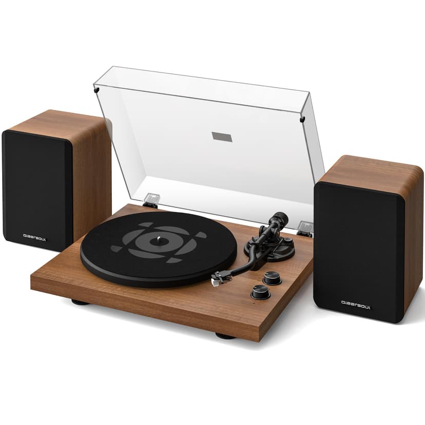 QLEARSOUL SoulBox S1 Vinyl Record Player with Stereo Speakers, Turntable with Built-in Preamp, S-Shaped Tonearm, 33/45 RPM - Walnut