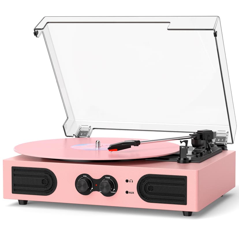 Vinyl Record Player with Built-in Speakers, Vintage 3-Speed Turntable, Bass/Treble Control, Headphone Jack, RCA/AUX Outputs, Belt-Driven LP Player, Pink