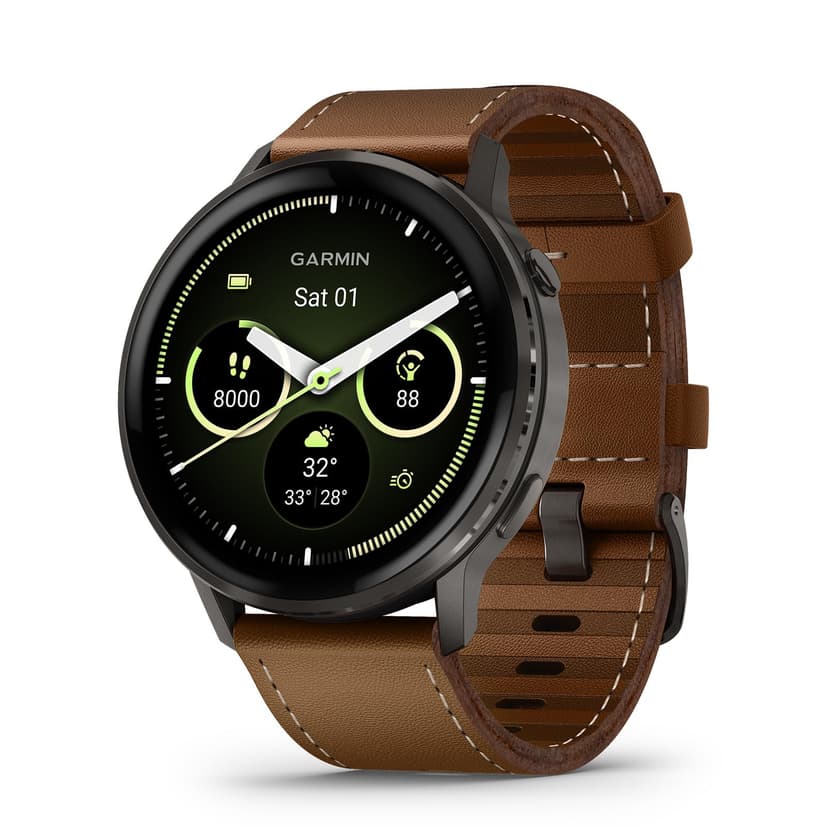 Garmin Venu® 4, 45mm, Advanced Health and Fitness GPS Smartwatch,Bright Colorful Display,Built-in Flashlight,12 Days of Battery Life, Slate with Black Silicone and Brown Leather Band - 2 Bands