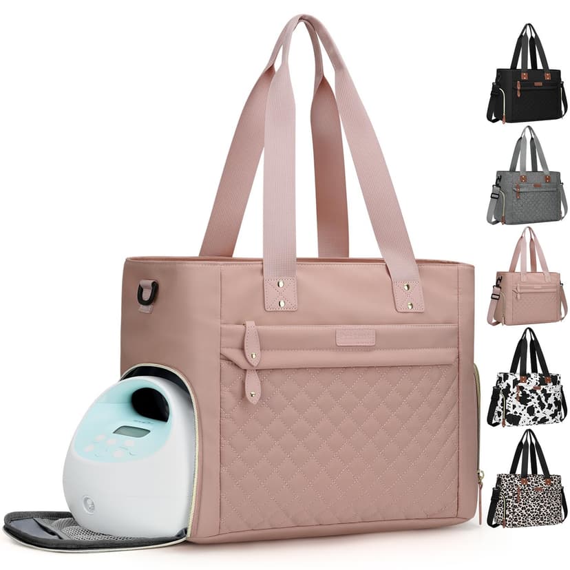 Pritent Diaper Bag Tote for Working Mom, Large Travel Diaper Tote for Mom and Dad with 14 Inch Laptop Sleeve, Mommy Maternity Travel Baby Bag for Boys and Girls, Pink