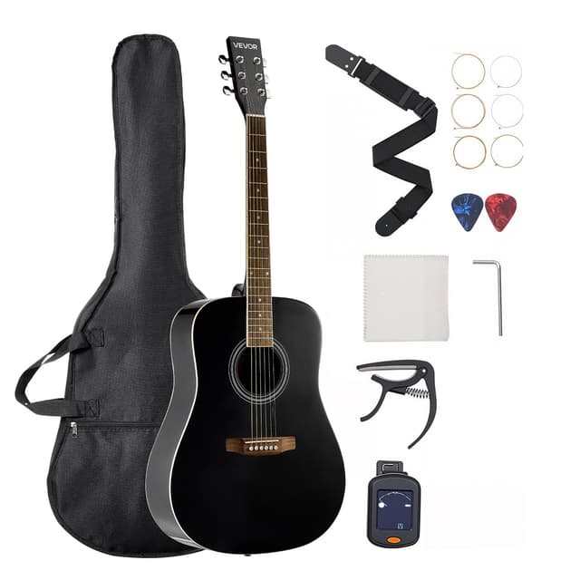 VEVOR Dreadnought Acoustic Guitar, 41 in, 6-String Black Solid Spruce Top Guitar, Beginner Bundle with Gig Bag, Tuner, Strap, Steel Strings, Picks, Capo, Rosewood Fingerboard, for Adult Taller Player