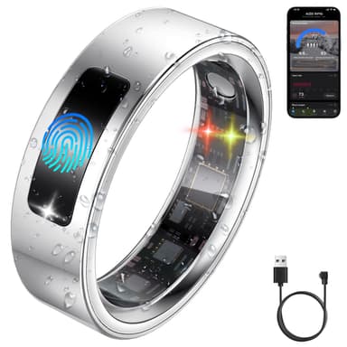 uaue Smart Health Ring for Women Men, Vibration Alert, Touch Control, Fitness Tracker Ring with Sleep/Women's Health/Heart Rate/Steps, IP68 Waterproof for iPhone and Android, Silver 9, No Subscription