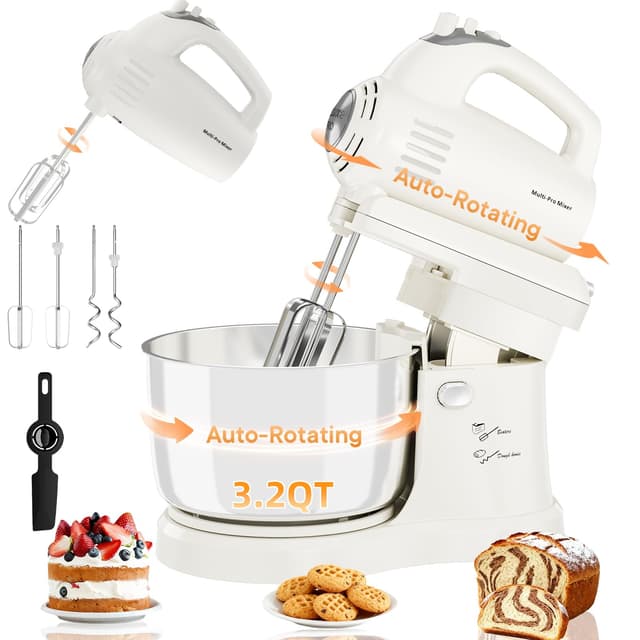 Stand Mixer Hand Mixer Kitchen Electric - 2-IN-1 3.2 QT Auto-Rotating Bowl & Beater Tilt-Head Small Standing Mixer, 250 Watt 5-Speed with Turbo Boost Household Mixer with Beaters & Dough Hooks