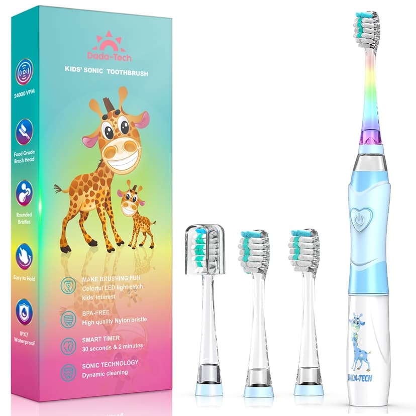 Kids Electric Toothbrush Toddler Toothbrush Age 2-4-8-12 Electric Toothbrush Kids with Timer Rainbow LED Light Up Vibrating Toothbrush Battery Operated Childrens Sonic Tooth Brush (Blue Giraffe)