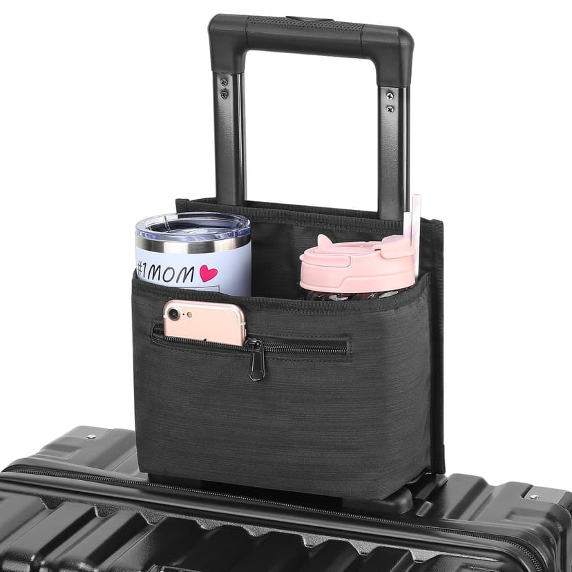 ZHCHG Luggage Travel Cup Holder Attachment for Suitcase Drink Carrier Caddy, Coffee Mug and Tumblers, Traveler Carry on Hands Free Accessory- Gifts for Flight Attendants Travelers Accessories- Black