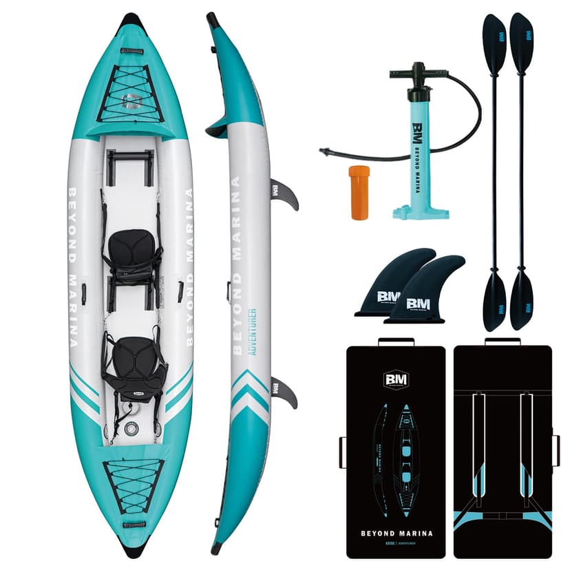 Inflatable Kayak 2 Person Adult - BEYOND MARINA Tandem Kayak with Drop Stitch Floor, Touring Kayak with Aluminum Paddles, Seats, Footrests, Pump, Fins, Adventurer 12.5ft