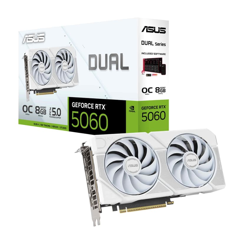 ASUS Dual GeForce RTX™ 5060 8GB GDDR7 White OC Edition Graphics Card, NVIDIA, Desktop (PCIe 5.0, DLSS 4, HDMI 2.1b, DisplayPort 2.1b, 2.5-Slot, Axial-tech Fan, 0dB Technology, Dual BIOS)