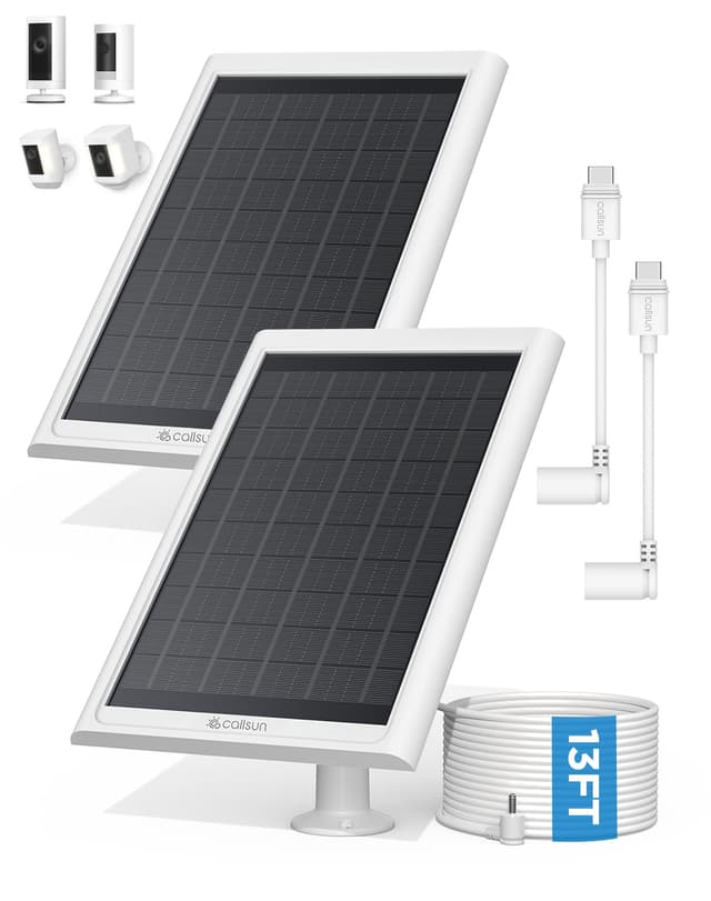 Callsun Solar Panel for Ring Camera, Compatible with Ring Stick Up Cam Battery/Pro & Spotlight Cam Battery/Plus/Pro, 6W Solar Charger with 13FT Cable, IP68 Waterproof, USB-C & DC 2Pack (White)