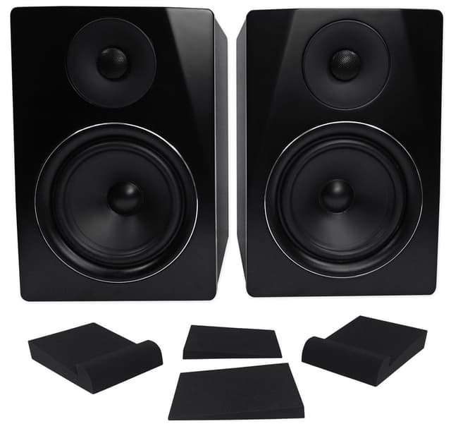 Rockville APM6B Bundle: 6.5" 350W Peak / 175W RMS 2-Way Powered USB Studio Monitor Speakers Pair, (2) RRS190S Foam Isolation Pads with 3 Angles for Mixing and Recording, 3-Items
