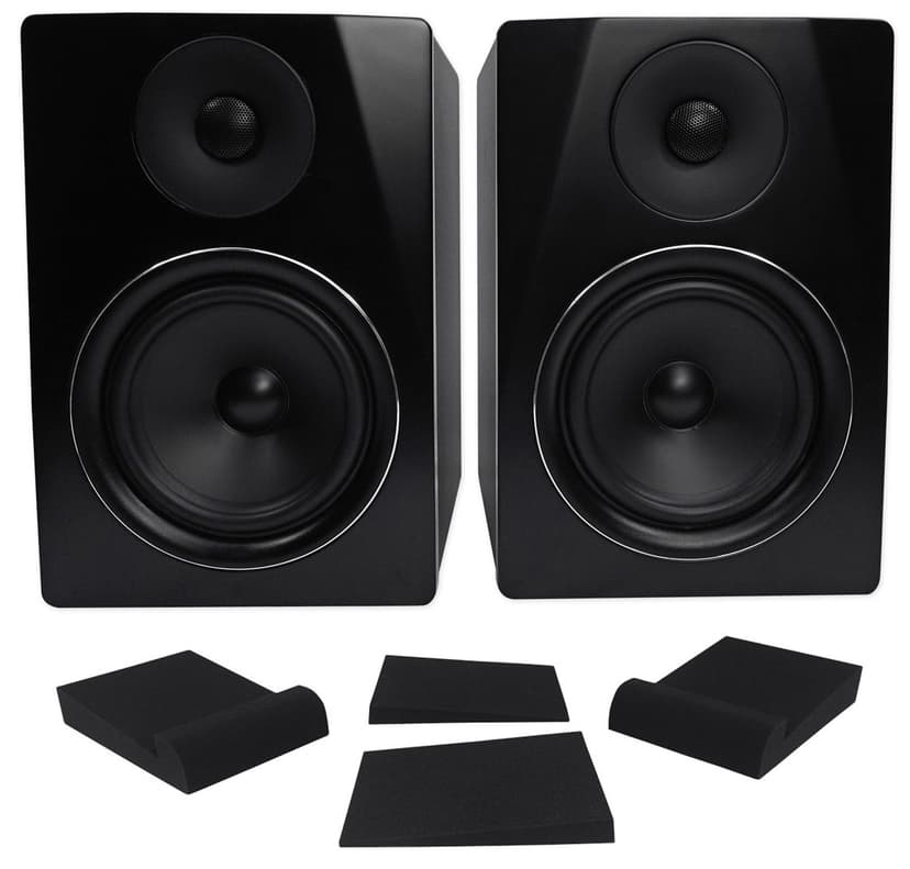 Rockville APM6B Bundle: 6.5" 350W Peak / 175W RMS 2-Way Powered USB Studio Monitor Speakers Pair, (2) RRS190S Foam Isolation Pads with 3 Angles for Mixing and Recording, 3-Items