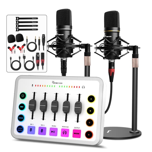 Podcast Equipment Bundle for 2, Streaming Audio Interface with 5 Channel, XLR Microphone Interface, RGB,48V Phantom Power, Perfect for Game,Podcast,Record,TikTok-White (H1)