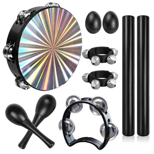 10 Pcs Laser Color Tambourines for Adults - 8in Hand Drum, Wood Rhythm Sticks, Bells Tambourine, Wrist Bells, Egg Shakers, a Pair Maracas, Musical Percussion Instrument Set for Church, Party