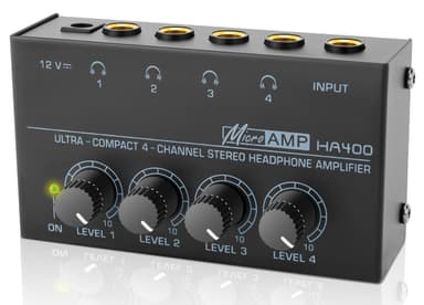 HA400 Headphone Amplifier -4 Channel Metal Stereo Audio Amplifier, Mini Earphone Audio Amplifier with 12V 1A Power Adapter, 1/4" TRS Headphones Output and TRS Audio Input for PC Guitar Studio Stage