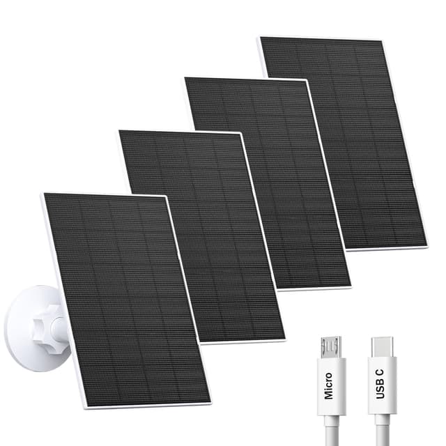VUEBEE 2W Solar Panel for Security Camera Outdoor, USB/USB-C Charger with IP65 Waterproof, 360° Adjustable Mount & 7.2ft Cable, Compatible with Rechargeable Battery Cameras (4 Pack, White)