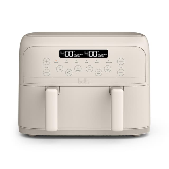 bella 4 Qt TriZone Air Fryer, EverGood™ Ceramic Nonstick Coating, Dual Basket Design w Removable Divider, Digital Touchscreen Control w 6 Preset Cooking Options, 1200 Watt, 3lb Capacity, Oatmilk