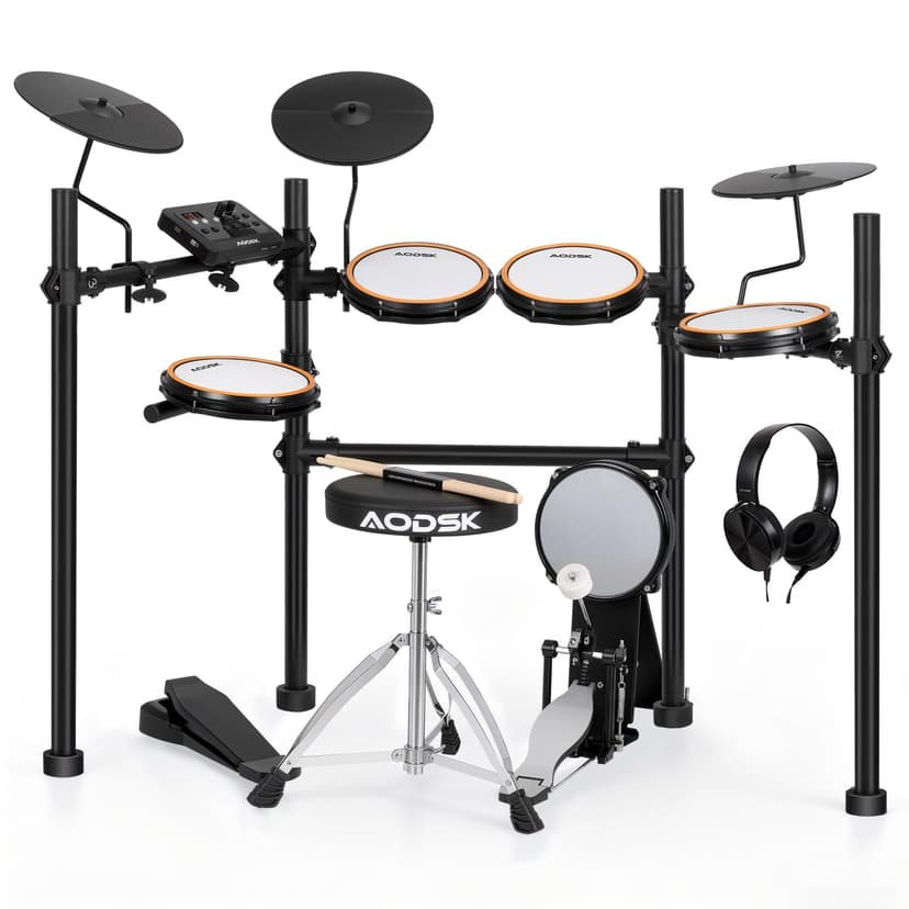 AODSK Electric Drum Set with Quiet Mesh Pads,Electronic Drum for Beginner,USB MIDI,Throne,Headphones,Sticks, Included 40 Kits and 450 Sounds