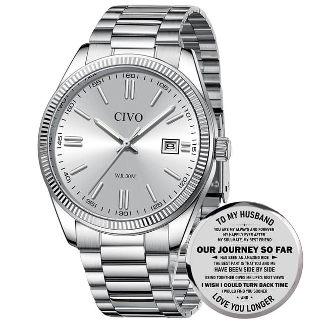 Silver Mens Watch Stainless Steel: Waterproof Men's Wrist Watches with Luminous Date - Analog Quartz Men's Watch with Calendar - Wrist Watches for Men Business Casual
