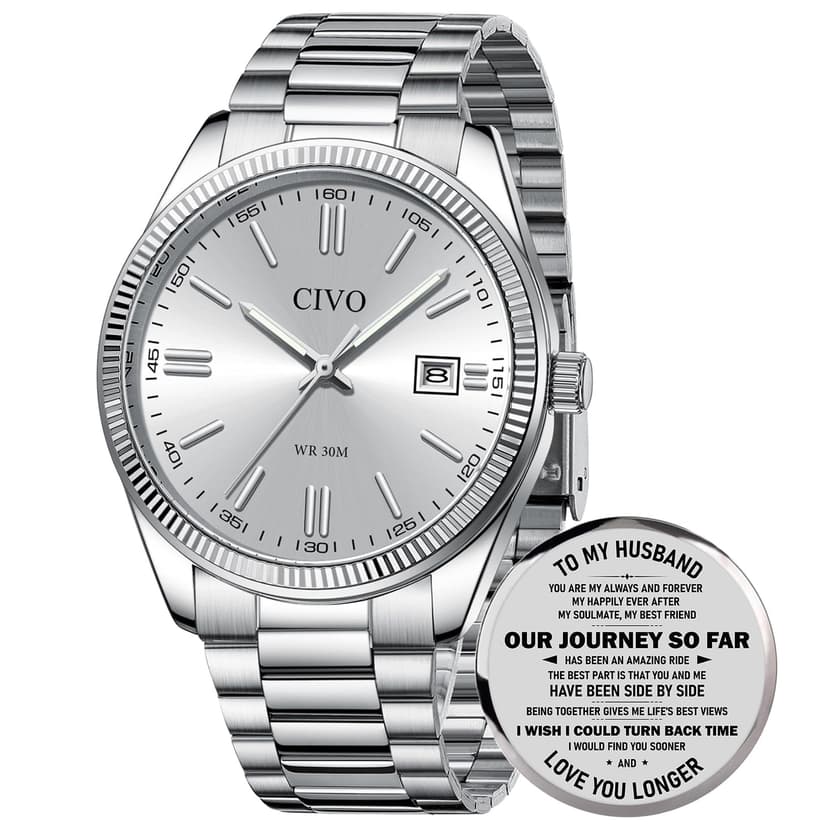 Silver Mens Watch Stainless Steel: Waterproof Men's Wrist Watches with Luminous Date - Analog Quartz Men's Watch with Calendar - Wrist Watches for Men Business Casual