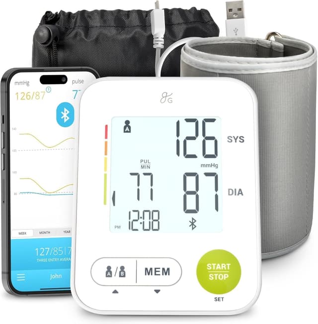 Greater Goods Automatic Bluetooth Blood Pressure Monitor for Home Use, Upper Arm BP Machine with Adjustable Wide Cuff (22–42 cm), Dual User Memory, Irregular Heartbeat Detection