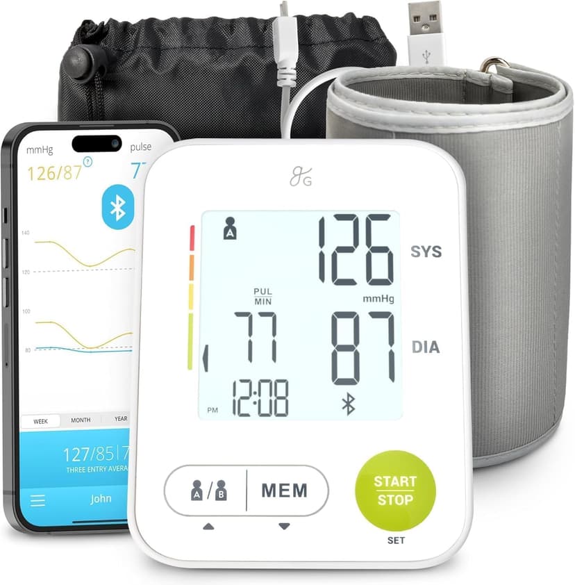 Greater Goods Automatic Bluetooth Blood Pressure Monitor for Home Use, Upper Arm BP Machine with Adjustable Wide Cuff (22–42 cm), Dual User Memory, Irregular Heartbeat Detection