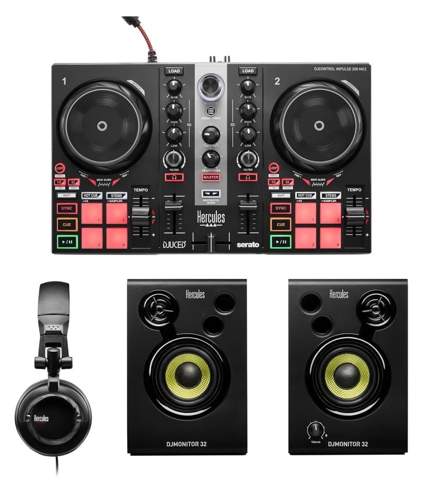 Hercules DJLearning Kit MK II including the DJ Inpulse 200 MK II controller, HD45 headphones and DJ Monitor 32 speakers
