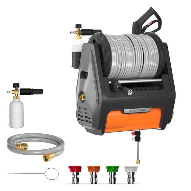Giraffe Tools Wall Mounted Pressure Washer Pro with Upgraded 1800W Motor, Max 2900 PSI, 2.2 GPM Electric Power Washer with 100ft Retractable Pressure Hose, Automatic Rewind