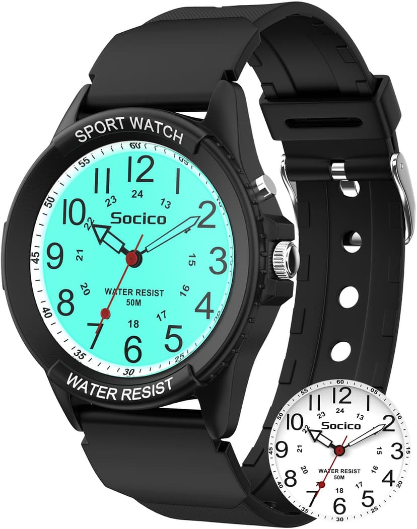 SOCICO Watch for Men Women Big Face Classic Analog Quartz Sports Backlight Unisex Waterproof Nurse Watch for Medical Army Military Time with Second Hand Easy to Read Casual Wristwatch