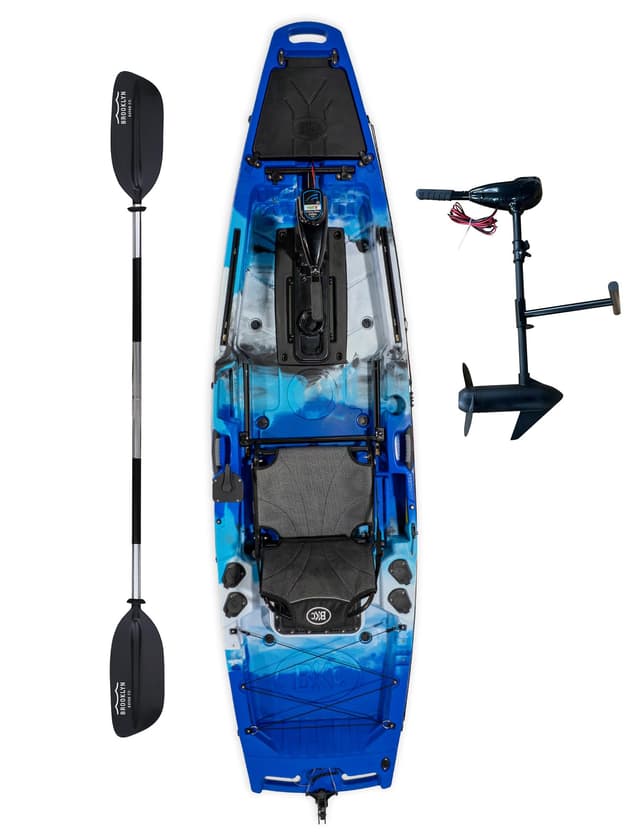 Upgraded Brooklyn 10.5 Pro Motorized Solo Kayak by BKC, Sit-On-Top Fishing Kayak Built-In Trolling Motor, 440 lb Capacity, Stable 35” Hull, Rudder Steering, Sealed Hatches & Rod Holders (Blue Typhoon)