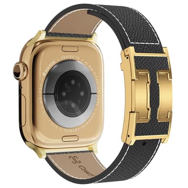 Leather Band Compatible with Apple Watch 49mm46mm45mm44mm42mm41mm 40mm38mm,Stylish Magnetic H Buckle Strap for iWatch Ultra 2/1/SE/Series 10/9/8/7/6/5/4/3/2/1 Women Men (Black Band+Gold H Buckle, 44mm45mm46mm49mm)