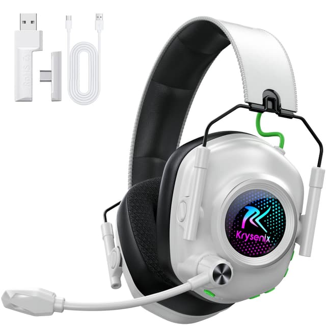 Krysenix 2.4 GHz Wireless Gaming Headset for PC, PS5, PS4, Switch, Mac, Bluetooth 5.4 Gaming Headphones with Noise Canceling Microphone, Cool RGB Lighting, 50Hr Battery, Foldable, 50mm Drivers-White