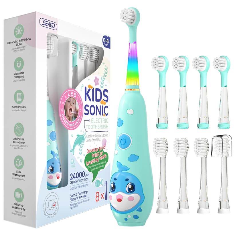 SEAGO Kids Electric Toothbrushes Rechargeable, Toddler Electric Toothbrush with Magnetic Charging, LED Observing Light, 8 Toothbrush Heads for Ages 2-4 -6 Boys Girls (Blue)