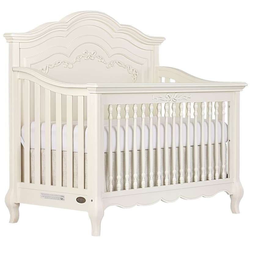 évolur Aurora 5-in-1 Convertible Full-Size Baby Crib in Ivory Lace, GreenGuard Gold & JPMA, 3 Mattress HeightsRibbon Bow Scrollwork & Queen Anne Feet, Converts to Toddler, Day & Full-Size Bed