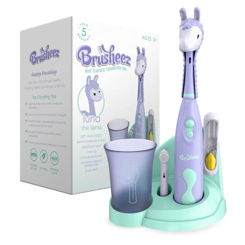 Brusheez Kids’ Electric Toothbrush Set - Safe & Effective for Ages 3+ - Parent Tested & Approved with Gentle Bristles, 2 Brush Heads, Rinse Cup, 2-Minute Timer, & Storage Base (Luna The Llama)