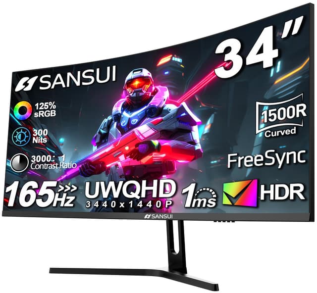 SANSUI 34-Inch Curved Gaming Monitor UWQHD 3440 x 1440 Up to 165Hz Curved 1500R - PIP/PBP, 1ms(MPRT), HDR, 300nits, sRGB 125%, DCI-P3 95%,FreeSync,HDMIx2,DP1.4 x2 (DP Cable Included)