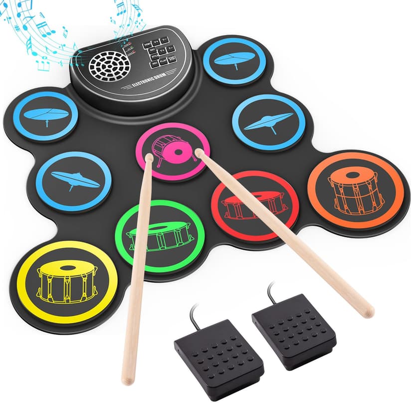 Sboet Electronic Drum Set, 9-Drum Practice Pad with Headphone Jack, Roll-up Drum Kit Machine with Built-in Speaker Drum Pedals and Sticks 10 Hours Playtime, Great Christmas for Kids