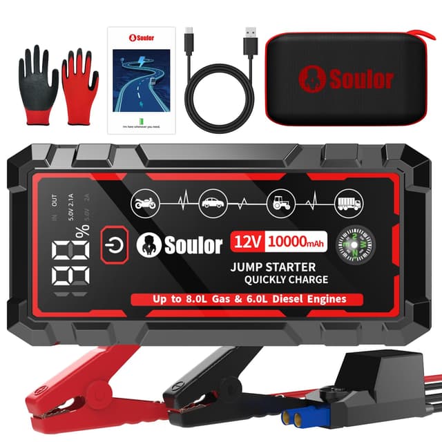 9 in 1 Jump Starter, 12V Jump Box Car Battery Jumper Starter Portable with 14 in 1 Protection Jumper Cables, LED Lights, LCD Display, Insulated Gloves