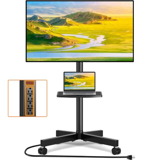 TVON Mobile TV Stand with Power Outlet, Tilt Rolling TV Cart for 23-65 Inch LCD LED OLED Flat Curved Screen TVs up to 88 lbs, Height Adjustment Portable TV Stand on Wheels, Max VESA 400x400mm