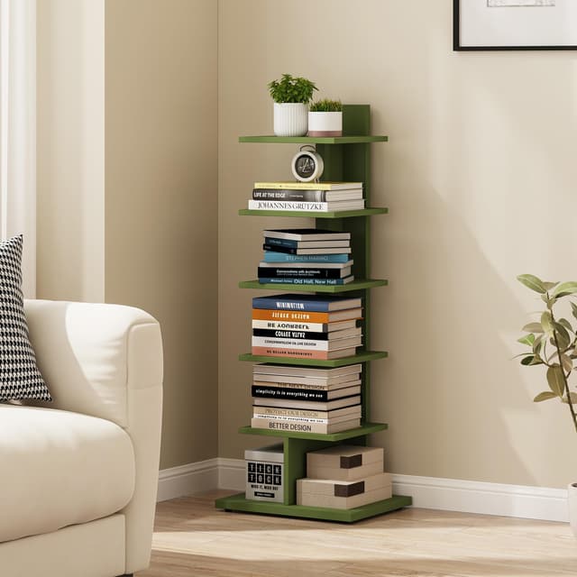 TUTOTAK Bookshelf, 6-Tier Bookcase, Narrow Spine Book Shelf for Small Space, Corner Standing Shelf for Living Room, Office, Study, Entryway, Olive Green BS06BOG016