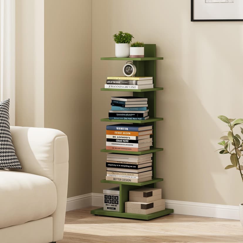 TUTOTAK Bookshelf, 6-Tier Bookcase, Narrow Spine Book Shelf for Small Space, Corner Standing Shelf for Living Room, Office, Study, Entryway, Olive Green BS06BOG016