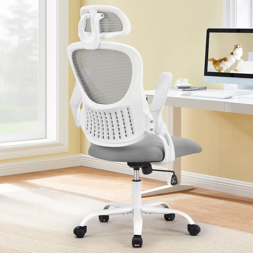 Sweetcrispy Home Office Desk Chair, Ergonomic High-Back Mesh Rolling Work Computer Chairs with Wheels and Adjustable Headrests, Comfortable Lumbar Support, Comfy Flip-up Arms for Bedroom, Study, Grey