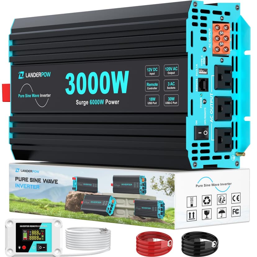 LANDERPOW 3000 Watt Pure Sine Wave Inverter 12V DC to 120V AC for RV, Truck, Solar, Home, Off-Grid, Power Inverter with 3 AC Outlet, 30W USB-C, 5V 3.1A USB, Hardwire Port, Remote Control, Surge 6000W